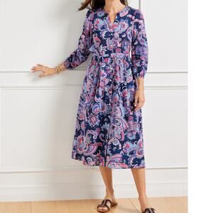 Talbots Size 10 Shirt Dress Fit Flare 100% Cotton Voile Midi Belted Button Front